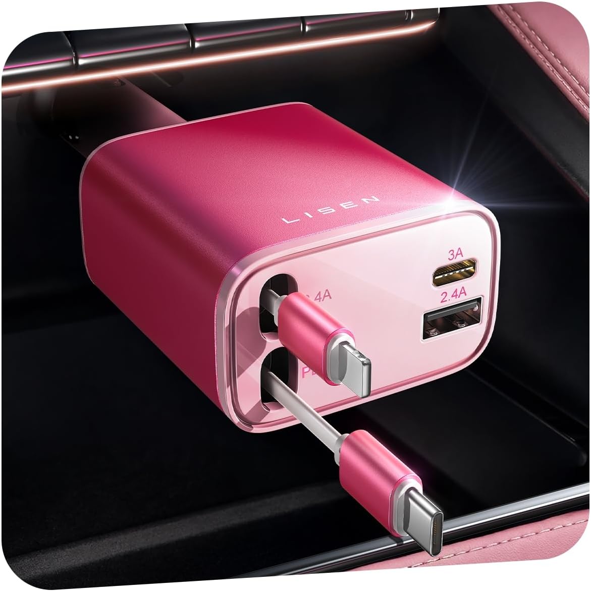 LISEN 84W Retractable Car Charger with USB-C Fast Charging, Dual Port Vehicle Charger for iPhone, Samsung and USB-C Devices