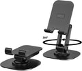 360° Rotating Phone Stand for Desk, Adjustable Foldable Aluminum Holder for iPhone, iPad & Android Phones, Black