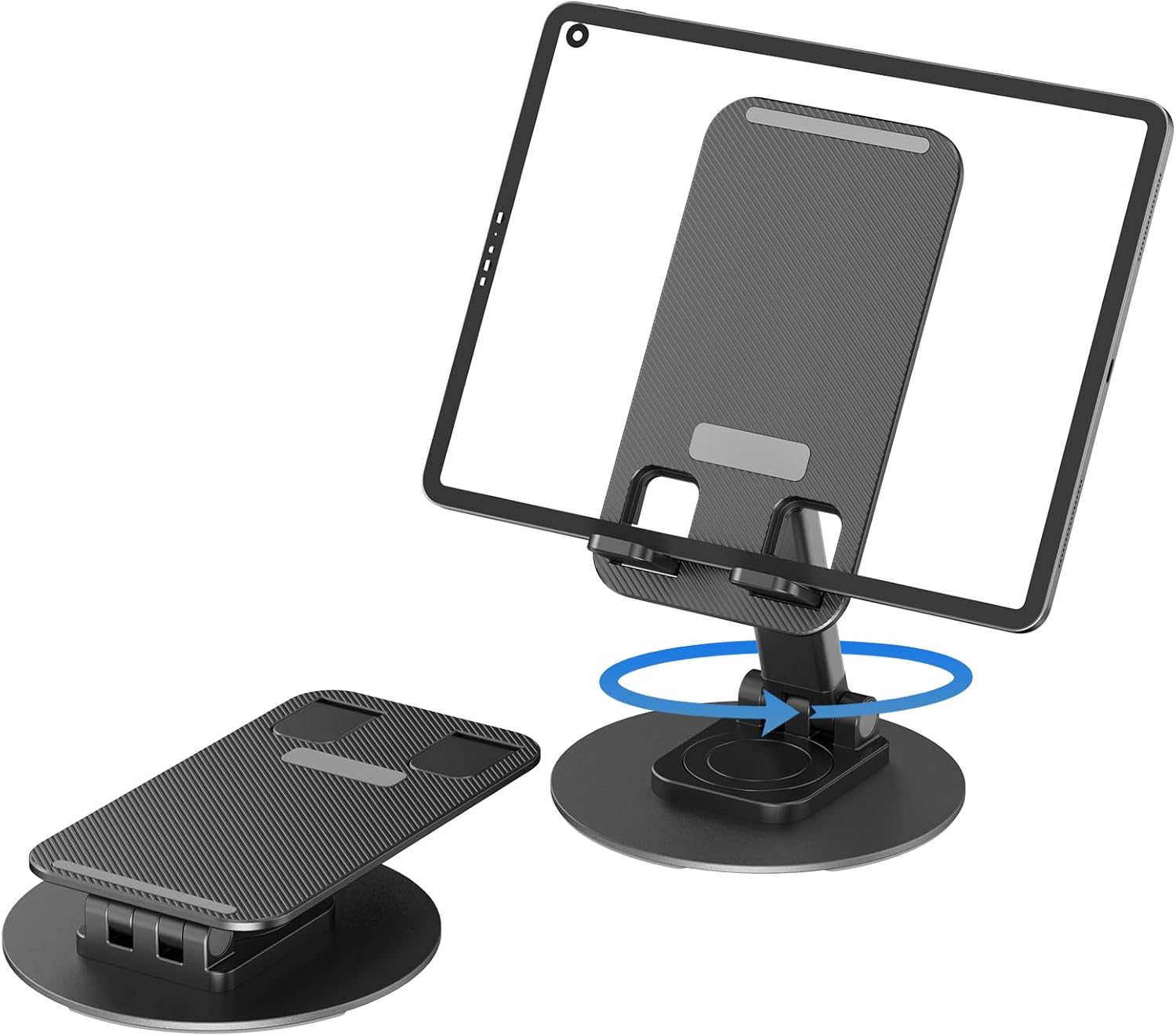 360° Rotating Phone Stand for Desk, Adjustable Foldable Aluminum Holder for iPhone, iPad & Android Phones, Black