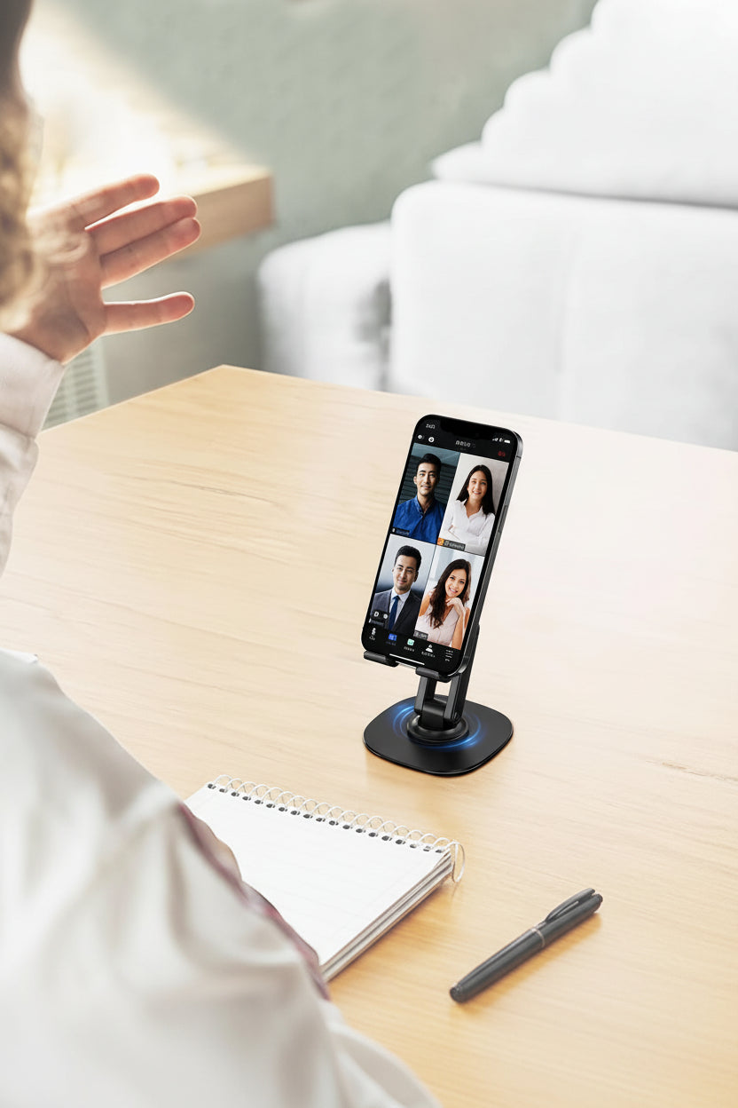 360° Rotating Phone Stand for Desk, Adjustable Foldable Aluminum Holder for iPhone, iPad & Android Phones, Black