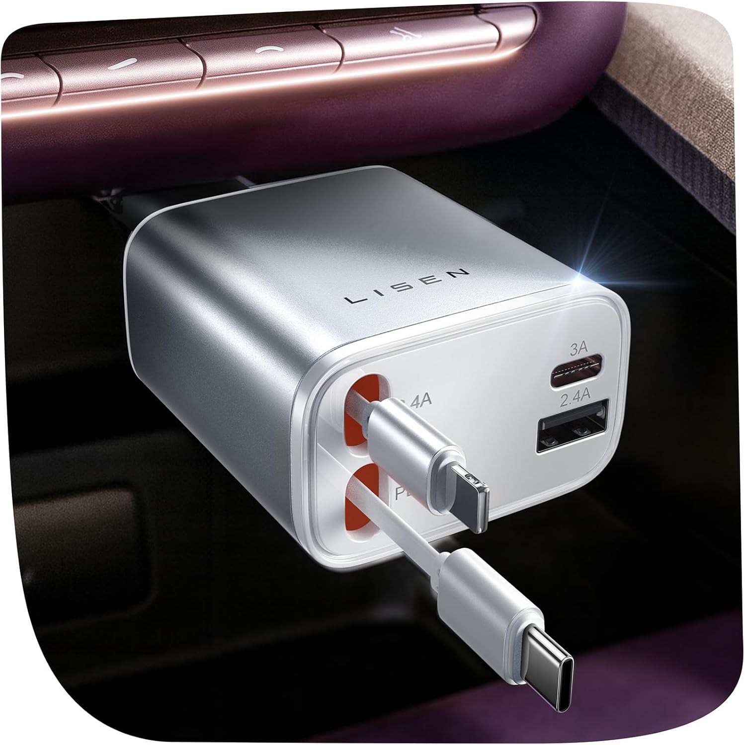 LISEN 84W Retractable Car Charger with USB-C Fast Charging, Dual Port Vehicle Charger for iPhone, Samsung and USB-C Devices
