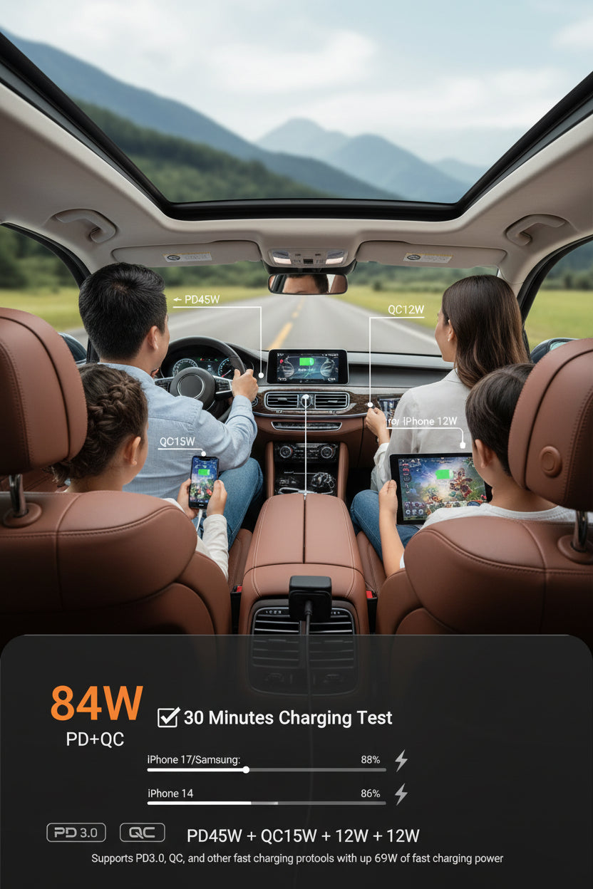 LISEN 84W Retractable Car Charger with USB-C Fast Charging, Dual Port Vehicle Charger for iPhone, Samsung and USB-C Devices