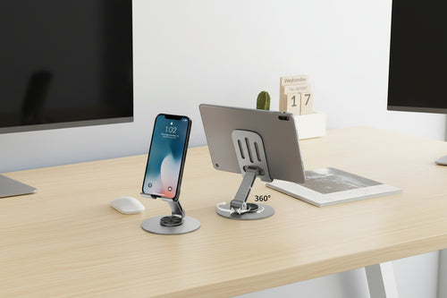 360° Rotating Aluminum Phone Stand for Desk, Adjustable Universal Smartphone Holder – Grey