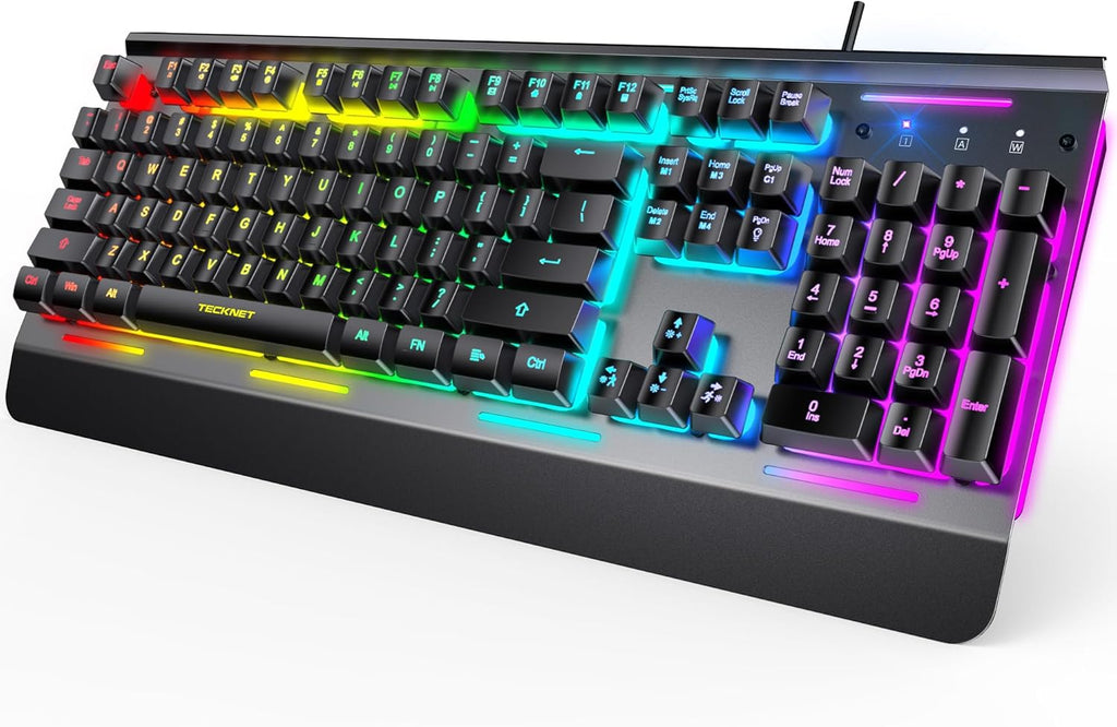 TECKNET USB Wired Gaming Keyboard, RGB Backlit, 25 Anti-Ghosting Keys, IP32 Water Resistant Design, Quiet Switches, Black