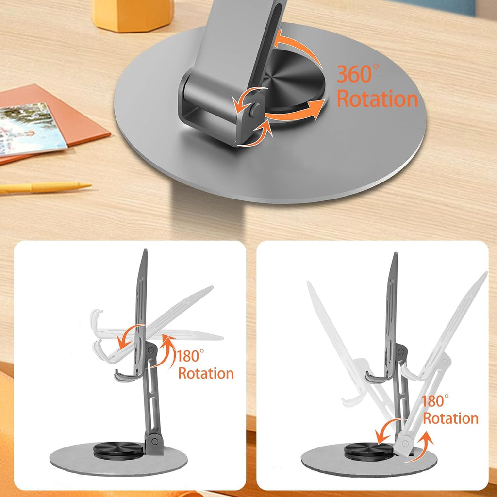 360° Rotating Aluminum Phone Stand for Desk, Adjustable Universal Smartphone Holder – Grey