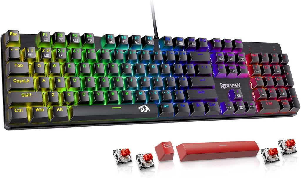 Redragon Wired Mechanical Gaming Keyboard, Hot-Swappable Red Switches, RGB Backlit, Anti-Ghosting Keys, PBT Keycaps, PC and Mac Compatible