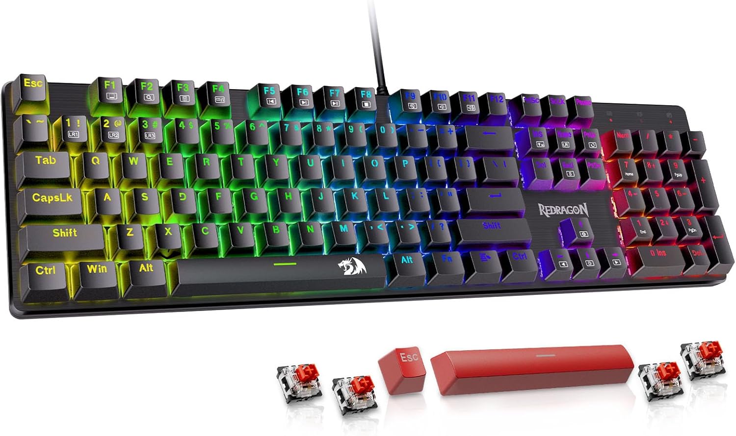 Redragon Wired Mechanical Gaming Keyboard, Hot-Swappable Red Switches, RGB Backlit, Anti-Ghosting Keys, PBT Keycaps, PC and Mac Compatible