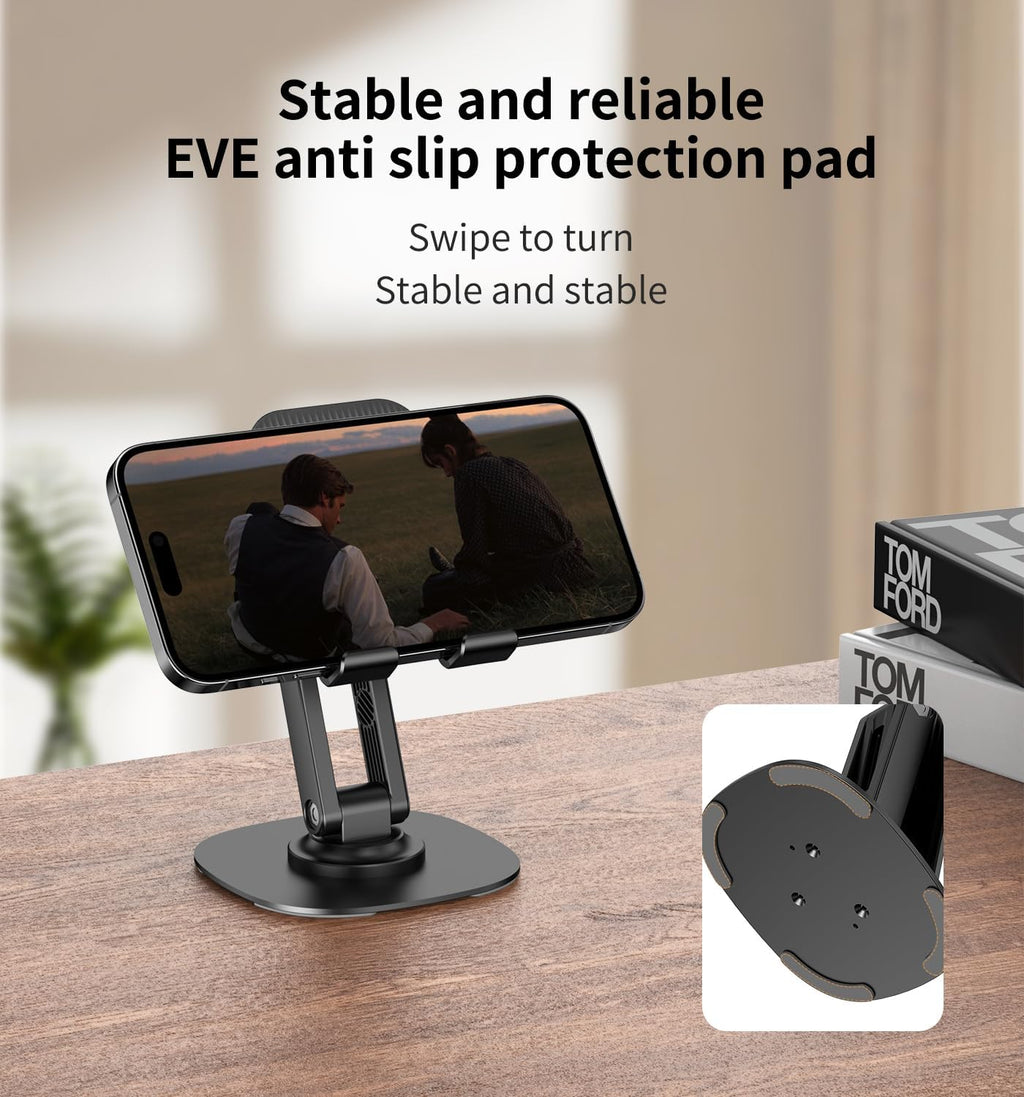 360° Rotating Phone Stand for Desk, Adjustable Foldable Aluminum Holder for iPhone, iPad & Android Phones, Black