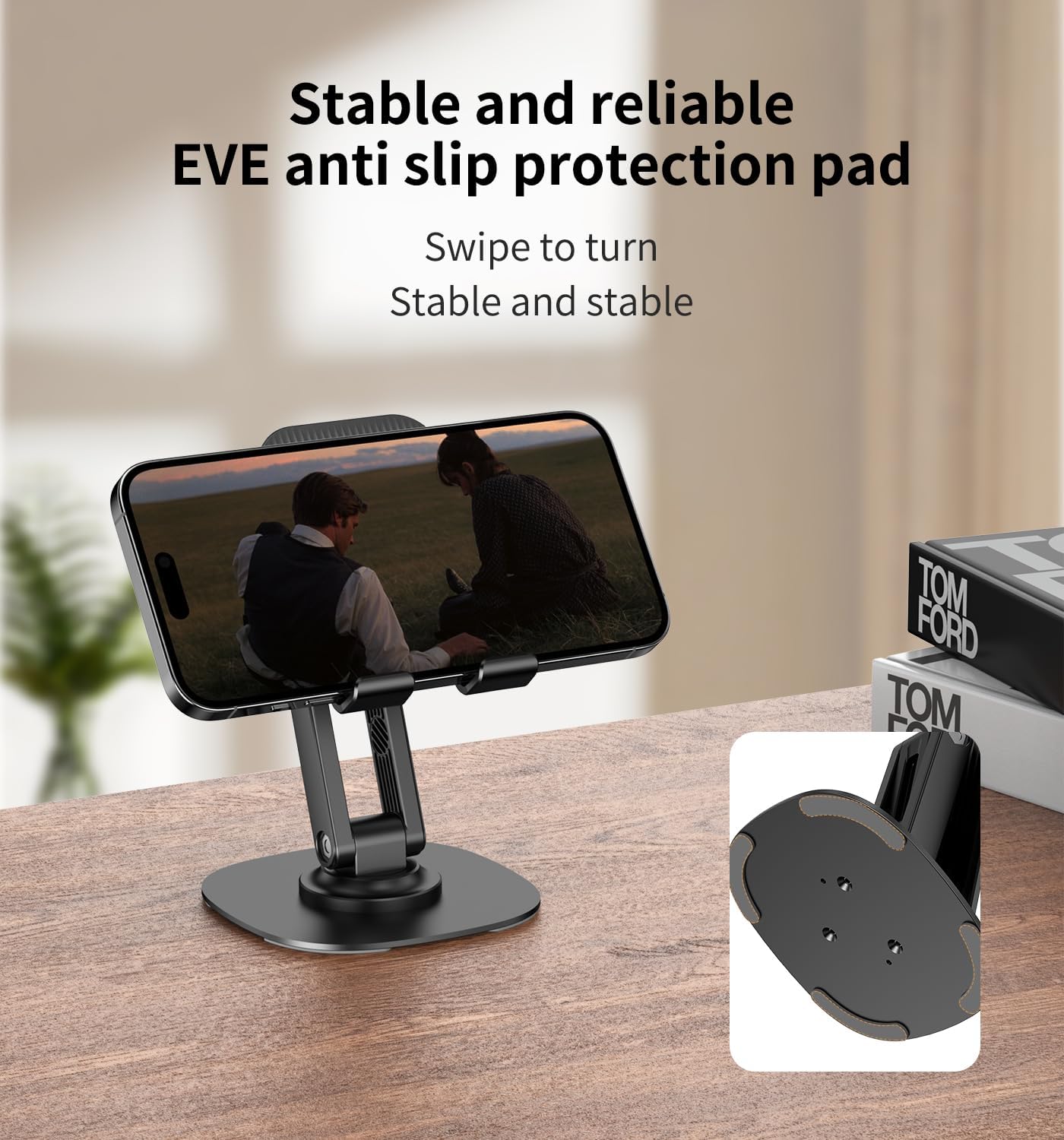 360° Rotating Phone Stand for Desk, Adjustable Foldable Aluminum Holder for iPhone, iPad & Android Phones, Black