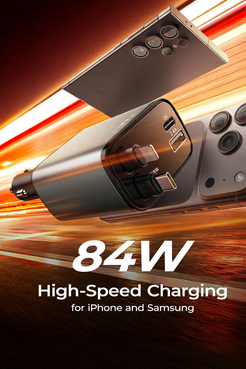 LISEN 84W Retractable Car Charger with USB-C Fast Charging, Dual Port Vehicle Charger for iPhone, Samsung and USB-C Devices
