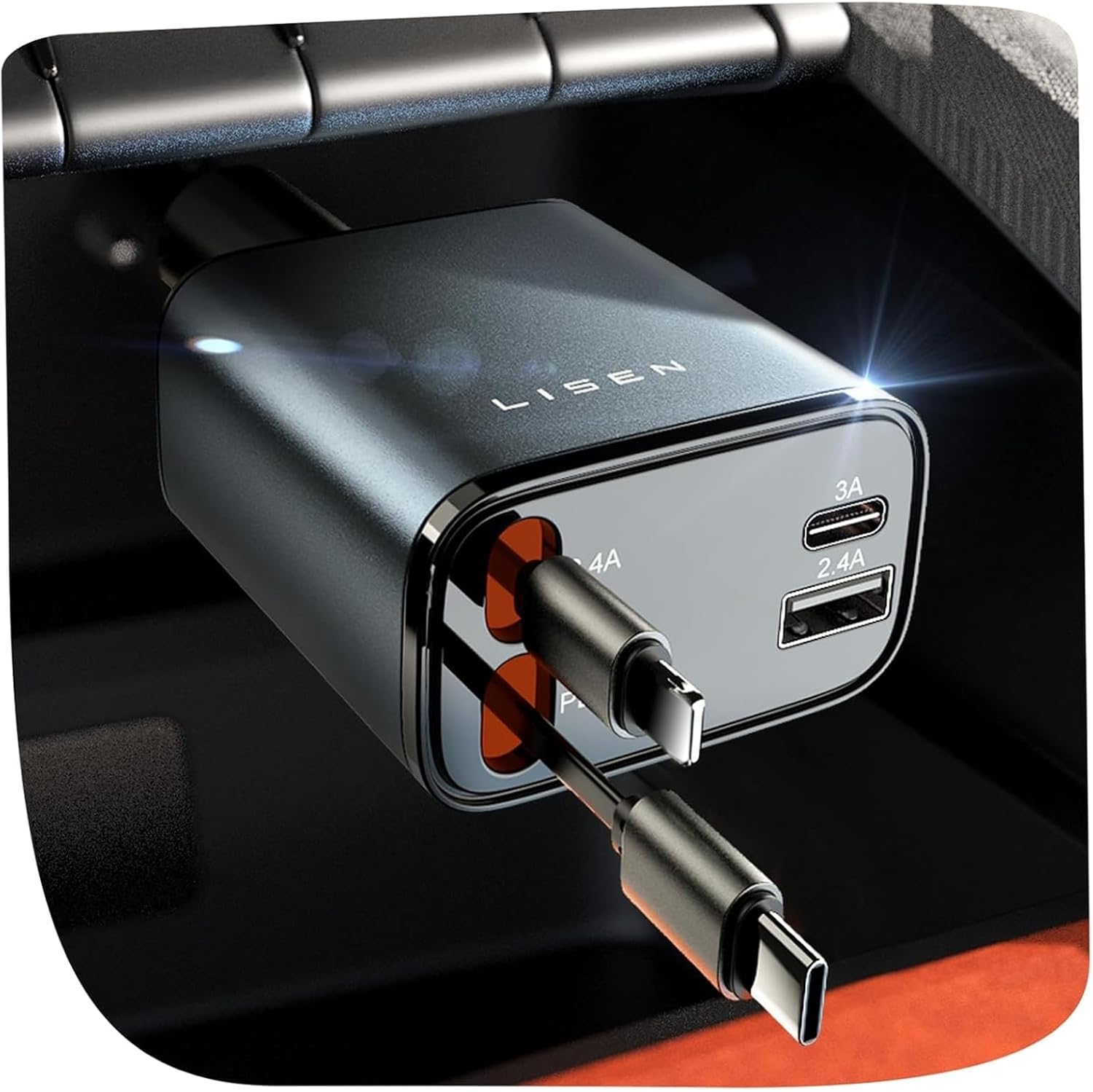LISEN 84W Retractable Car Charger with USB-C Fast Charging, Dual Port Vehicle Charger for iPhone, Samsung and USB-C Devices