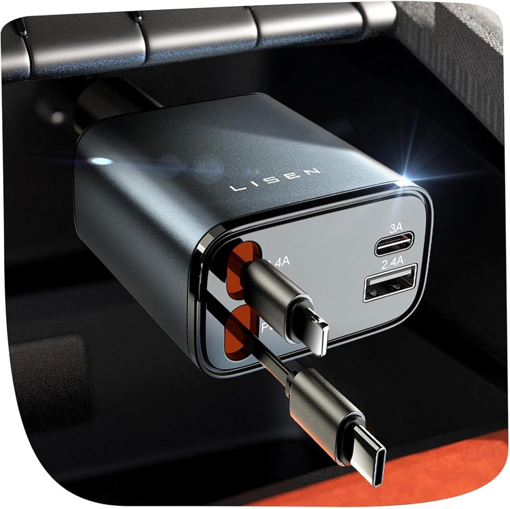 LISEN 84W Retractable Car Charger with USB-C Fast Charging, Dual Port Vehicle Charger for iPhone, Samsung and USB-C Devices