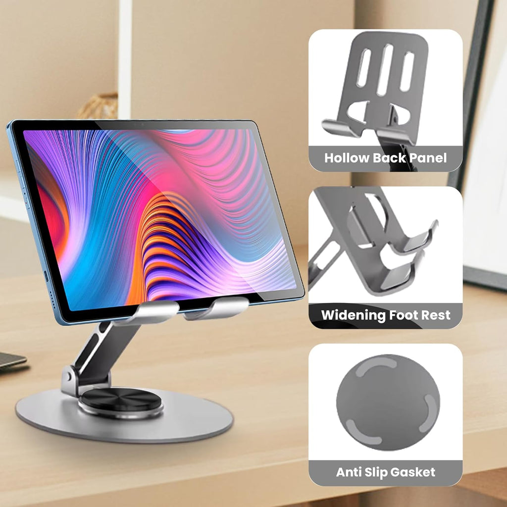 360° Rotating Aluminum Phone Stand for Desk, Adjustable Universal Smartphone Holder – Grey