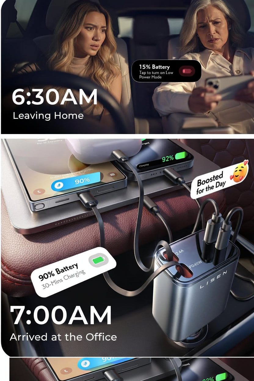 LISEN 84W Retractable Car Charger with USB-C Fast Charging, Dual Port Vehicle Charger for iPhone, Samsung and USB-C Devices