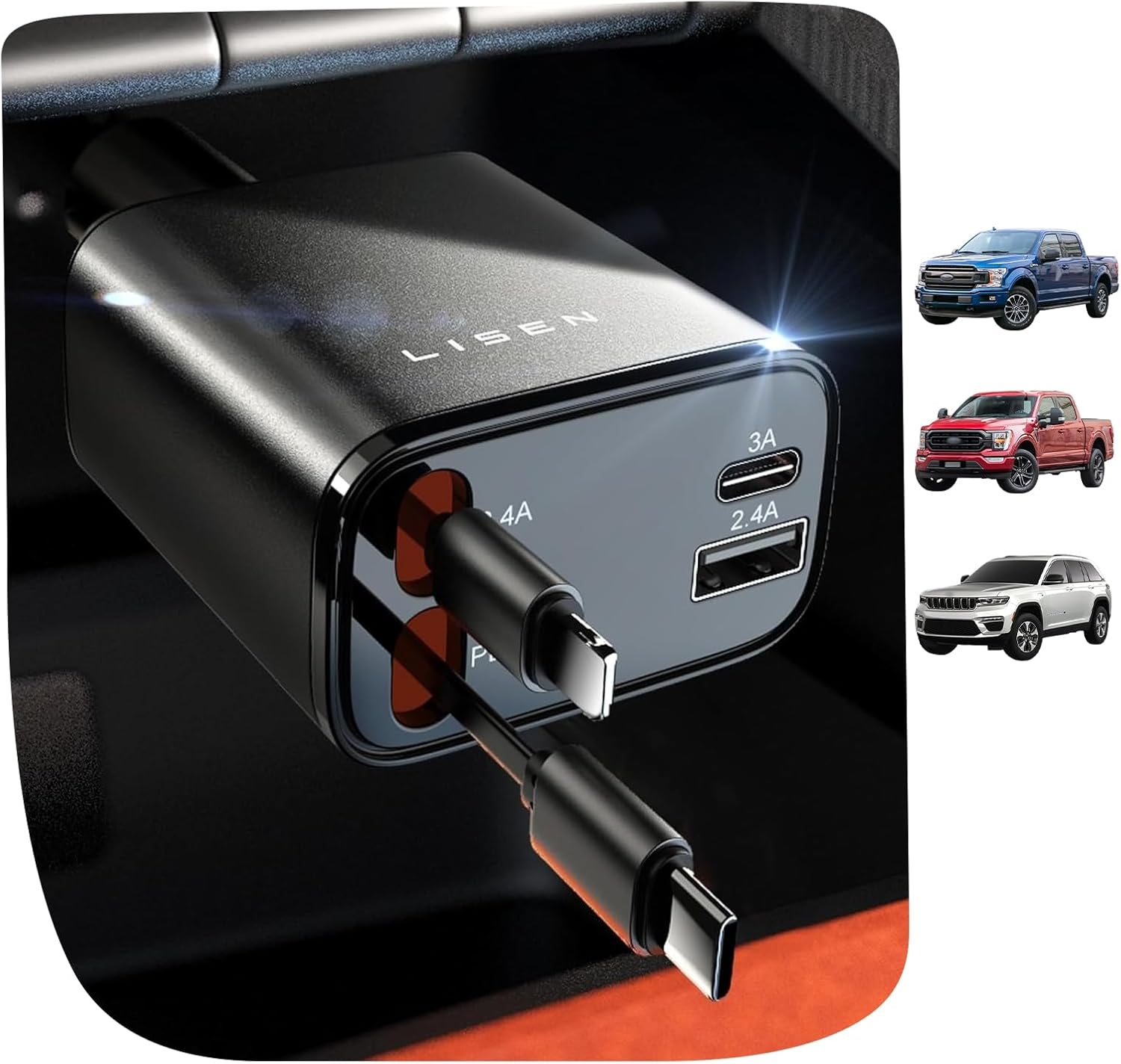 LISEN 84W Retractable Car Charger with USB-C Fast Charging, Dual Port Vehicle Charger for iPhone, Samsung and USB-C Devices