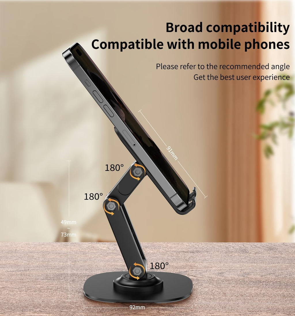 360° Rotating Phone Stand for Desk, Adjustable Foldable Aluminum Holder for iPhone, iPad & Android Phones, Black