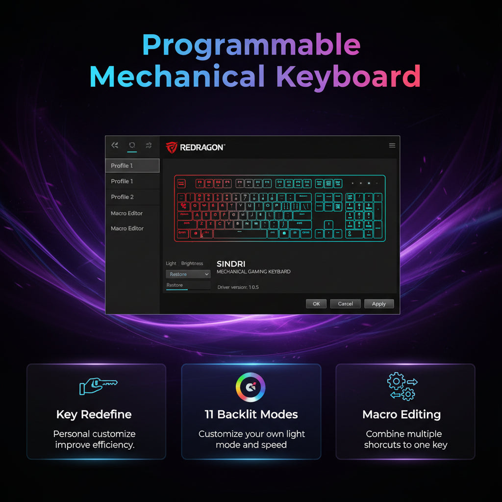 Redragon Wired Mechanical Gaming Keyboard, Hot-Swappable Red Switches, RGB Backlit, Anti-Ghosting Keys, PBT Keycaps, PC and Mac Compatible
