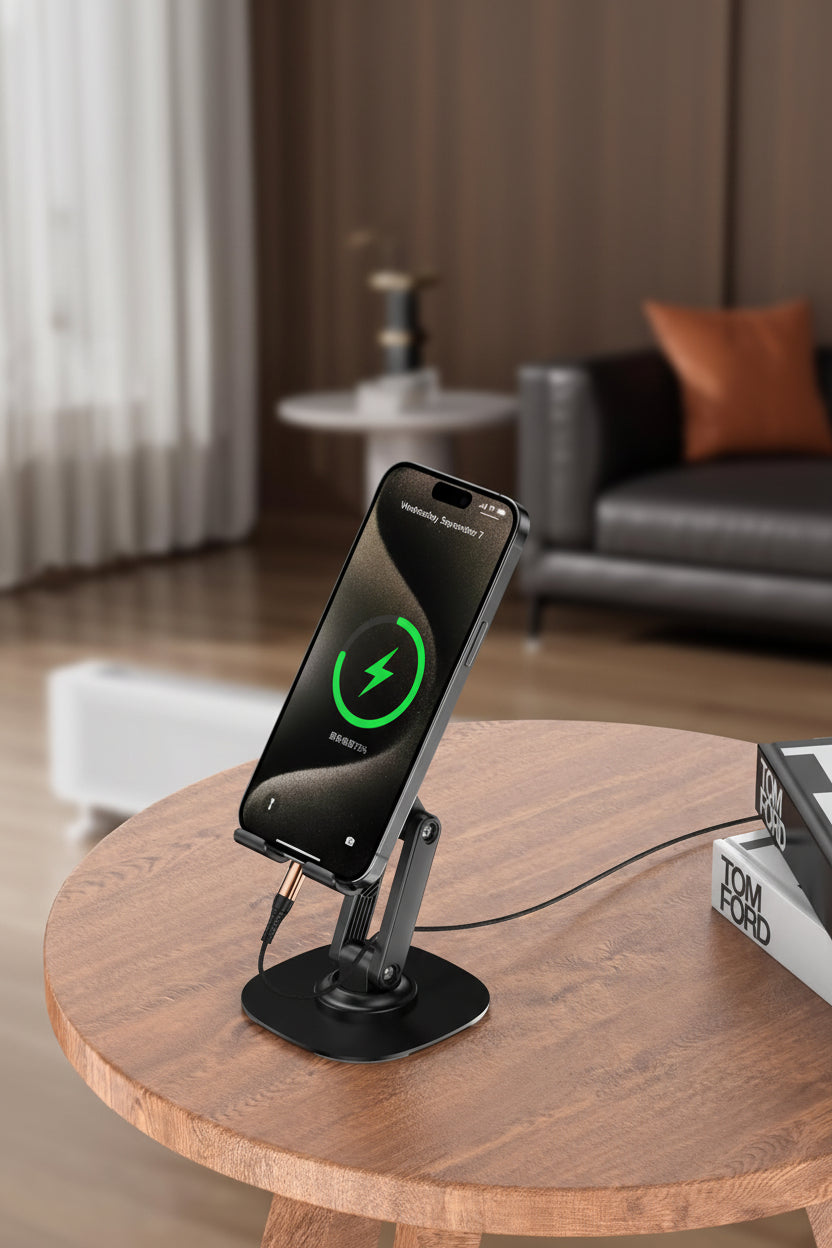 360° Rotating Phone Stand for Desk, Adjustable Foldable Aluminum Holder for iPhone, iPad & Android Phones, Black