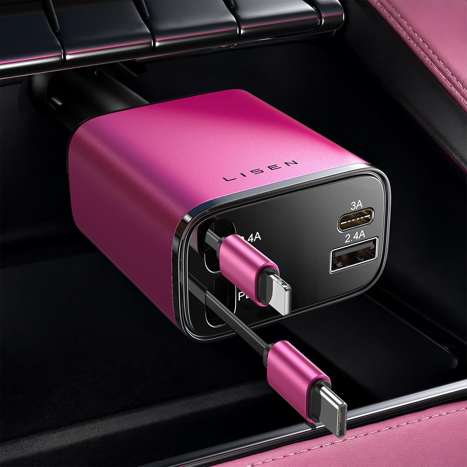 LISEN 84W Retractable Car Charger with USB-C Fast Charging, Dual Port Vehicle Charger for iPhone, Samsung and USB-C Devices