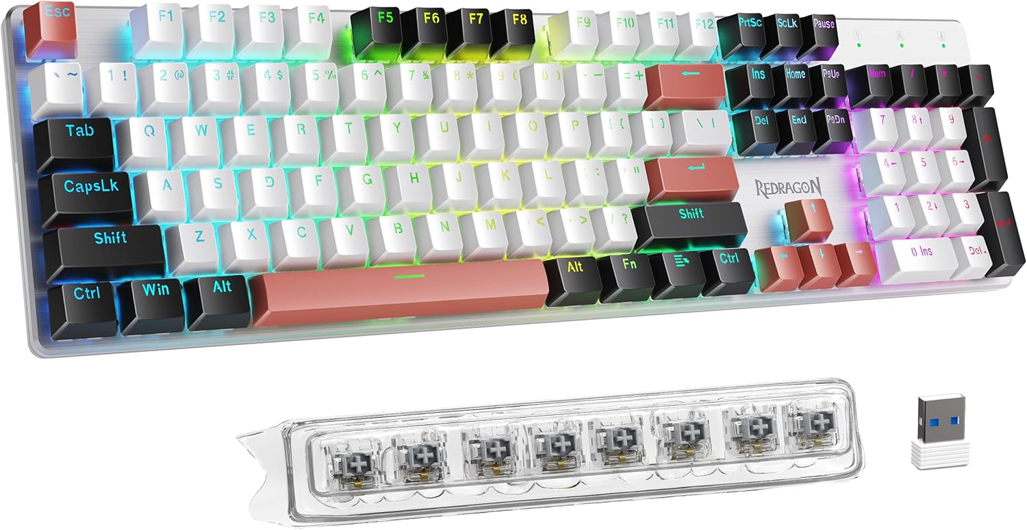 Redragon Wired Mechanical Gaming Keyboard, Hot-Swappable Red Switches, RGB Backlit, Anti-Ghosting Keys, PBT Keycaps, PC and Mac Compatible