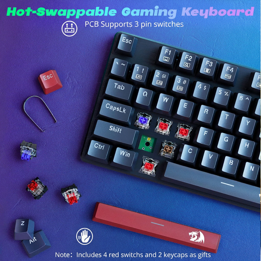 Redragon Wired Mechanical Gaming Keyboard, Hot-Swappable Red Switches, RGB Backlit, Anti-Ghosting Keys, PBT Keycaps, PC and Mac Compatible