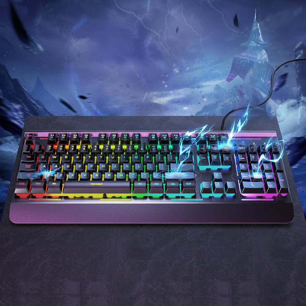 TECKNET USB Wired Gaming Keyboard, RGB Backlit, 25 Anti-Ghosting Keys, IP32 Water Resistant Design, Quiet Switches, Black