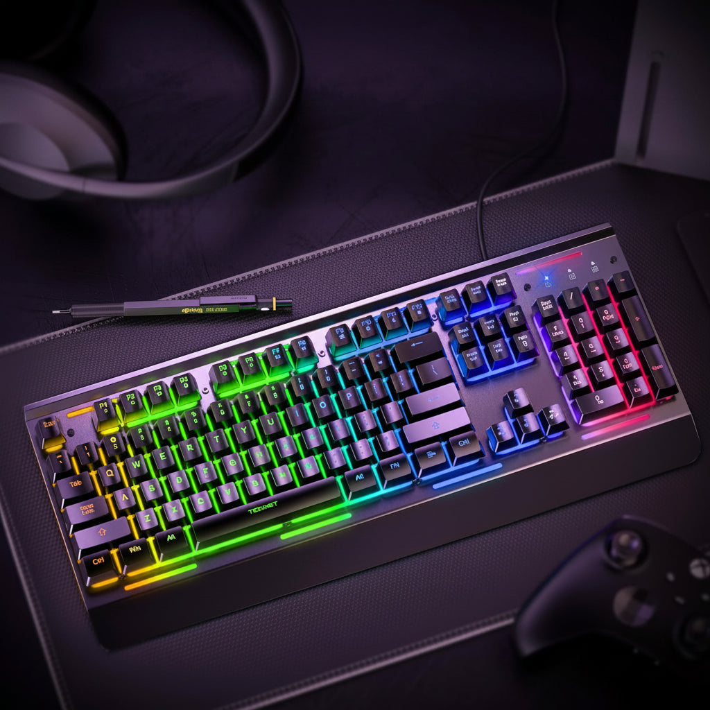 TECKNET USB Wired Gaming Keyboard, RGB Backlit, 25 Anti-Ghosting Keys, IP32 Water Resistant Design, Quiet Switches, Black