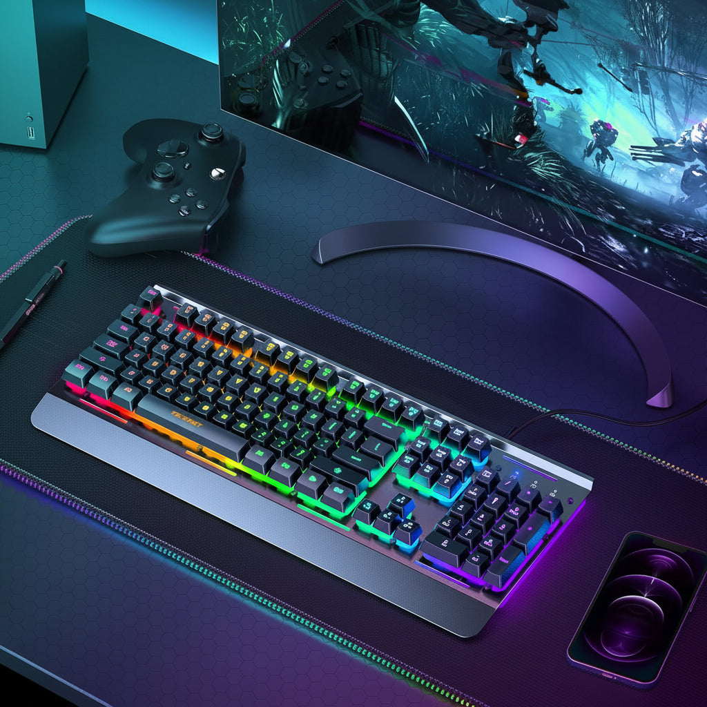 TECKNET USB Wired Gaming Keyboard, RGB Backlit, 25 Anti-Ghosting Keys, IP32 Water Resistant Design, Quiet Switches, Black